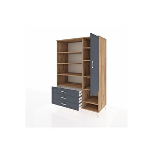 Kronos Dolap 9 Raflı 3 Çekmeceli Tek Kapaklı  132x59x195 Çam-antrasit/antrasit