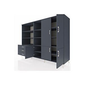 Kronos Dolap 11 Raflı 3 Çekmeceli 5 Kapaklı 220x59x163 Antrasit-antrasit
