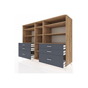 Kronos Dolap 10 Raflı 6 Çekmeceli  220x59x163 Çam-çam/antrasit