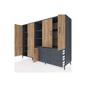 Kronos Dolap 11 Raflı 3 Çekmeceli 7 Kapaklı 220x59x163 Antrasit-çam/antrasit