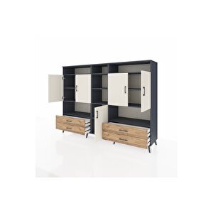 Hyperion Dolap 12 Raflı 4 Çekmeceli 5 Kapaklı 220x44x163 Antrasit-aytaşı/çam