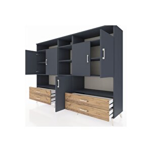 Hyperion Dolap 12 Raflı 4 Çekmeceli 5 Kapaklı 220x44x163 Antrasit-antrasit/çam