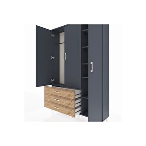 Arges Dolap 6 Raflı 3 Çekmeceli Tek Askılı 132x30x195 Antrasit-antrasit/çam