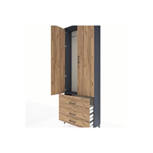 Arges Dolap Tek Raflı 3 Çekmeceli Tek Askılı 88x30x243 Antrasit-çam