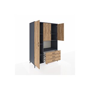 Kronos Dolap 6 Raflı 3 Çekmeceli 3 Kapaklı 132x59x195 Antrasit-çam/çam
