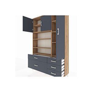 Arges Gardrop 9 Raflı 5 Çekmeceli 3 Kapaklı 132x30x195 Çam-antrasit