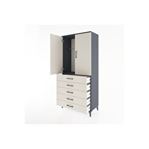 Hyperion Dolap Tek Raflı 5 Çekmeceli Tek Askılı 88x44x195 Antrasit-aytaşı