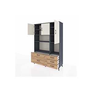Hyperion Dolap 8 Raflı 5 Çekmeceli 3 Kapaklı 132x44x195 Antrasit-aytaşı/çam