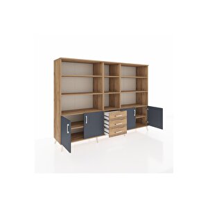 Hyperion Dolap 11 Raflı 3 Çekmeceli 4 Kapaklı 220x44x163 Çam-antrasit/çam