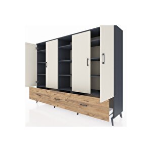 Hyperion Dolap 12 Raflı 3 Çekmeceli 4 Kapaklı 220x44x163 Antrasit-aytaşı/çam