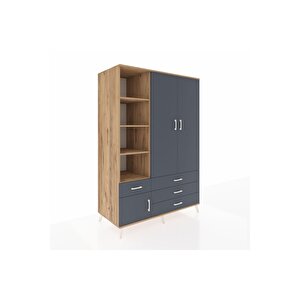 Kronos Dolap 5 Raflı 4 Çekmeceli Tek Askılı 132x59x195 Çam-antrasit/antrasit