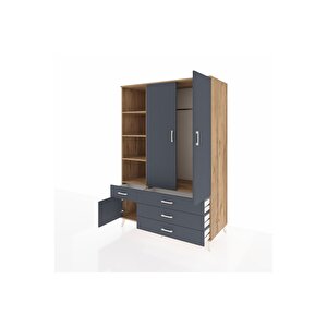 Kronos Dolap 5 Raflı 4 Çekmeceli Tek Askılı 132x59x195 Çam-antrasit/antrasit