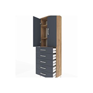 Arges Dolap 3 Raflı 5 Çekmeceli 2 Kapaklı 60x30x182 Çam-antrasit