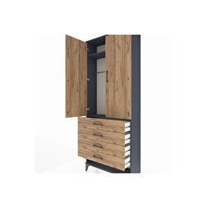 Arges Dolap 2 Raflı 4 Çekmeceli Tek Askılı 88x30x221 Antrasit-çam
