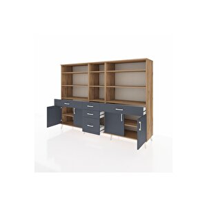 Hyperion Dolap 11 Raflı 5 Çekmeceli 4 Kapaklı 220x44x163 Çam-antrasit