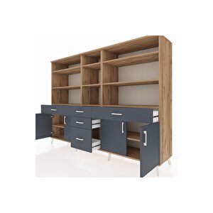 Hyperion Dolap 11 Raflı 5 Çekmeceli 4 Kapaklı 220x44x163 Çam-antrasit