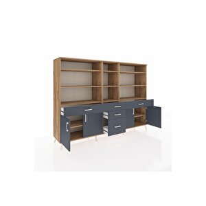 Hyperion Dolap 11 Raflı 5 Çekmeceli 4 Kapaklı 220x44x163 Çam-antrasit