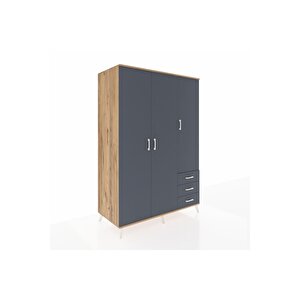 Kronos Dolap 6 Raflı 3 Çekmeceli Tek Askılı 132x59x195 Çam-antrasit/antrasit