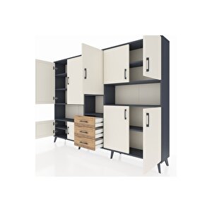 Arges Dolap 13 Raflı 3 Çekmeceli 9 Kapaklı 220x30x163 Antrasit-aytaşı/çam