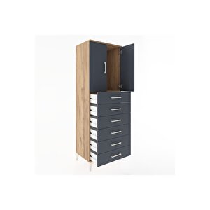 Hyperion Dolap Tek Raflı 6 Çekmeceli 2 Kapaklı 60x44x182 Çam-antrasit