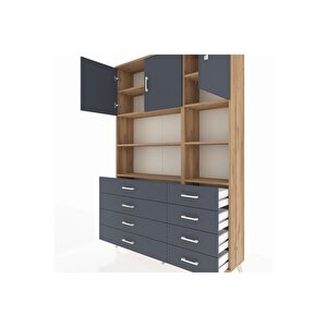 Arges Gardrop 8 Raflı 8 Çekmeceli 3 Kapaklı 132x30x195 Çam-antrasit