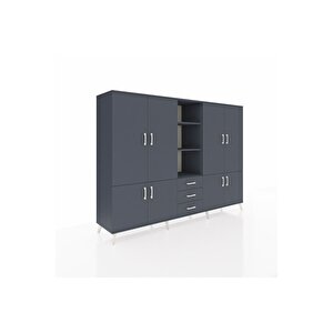 Hyperion Dolap 11 Raflı 3 Çekmeceli 8 Kapaklı 220x44x163 Antrasit-antrasit