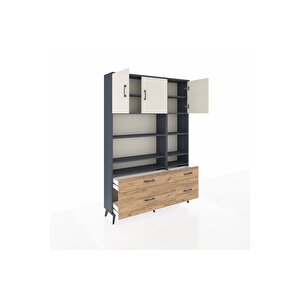 Arges Dolap 10 Raflı 4 Çekmeceli 3 Kapaklı 132x30x195 Antrasit-aytaşı/çam