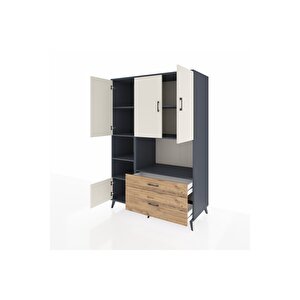 Kronos Dolap 7 Raflı 2 Çekmeceli 5 Kapaklı 132x59x195 Antrasit-aytaşı/çam