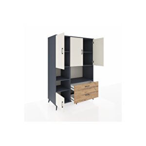 Kronos Dolap 7 Raflı 2 Çekmeceli 5 Kapaklı 132x59x195 Antrasit-aytaşı/çam