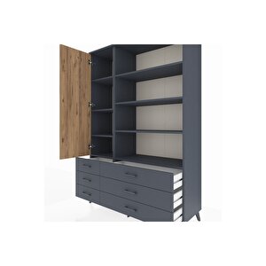 Hyperion Dolap 8 Raflı 6 Çekmeceli Tek Kapaklı  132x44x195 Antrasit-çam/antrasit