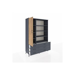 Hyperion Dolap 8 Raflı 6 Çekmeceli Tek Kapaklı  132x44x195 Antrasit-çam/antrasit