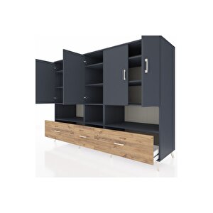 Kronos Dolap 12 Raflı 3 Çekmeceli 5 Kapaklı 220x59x163 Antrasit-antrasit/çam