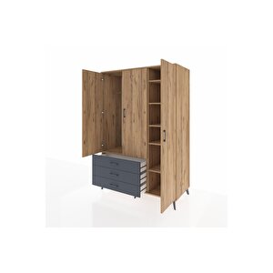 Kronos Dolap 6 Raflı 3 Çekmeceli Tek Askılı 132x59x195 Çam-çam/antrasit