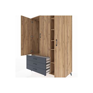 Kronos Dolap 6 Raflı 3 Çekmeceli Tek Askılı 132x59x195 Çam-çam/antrasit