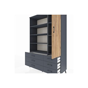 Hyperion Dolap 8 Raflı 6 Çekmeceli Tek Kapaklı  132x44x195 Antrasit-çam/antrasit