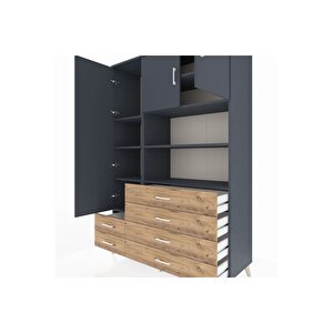 Hyperion Dolap 8 Raflı 6 Çekmeceli 3 Kapaklı 132x44x195 Antrasit-antrasit/çam