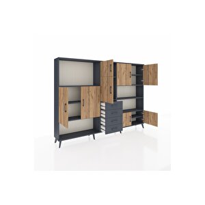 Arges Dolap 9 Raflı 4 Çekmeceli 8 Kapaklı 220x30x163 Antrasit-çam/antrasit