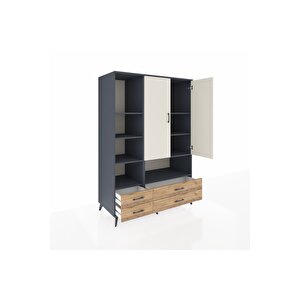 Kronos Dolap 8 Raflı 4 Çekmeceli 2 Kapaklı 132x59x195 Antrasit-aytaşı/çam