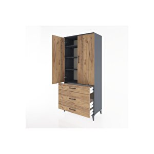 Hyperion Dolap 4 Raflı 3 Çekmeceli 2 Kapaklı 88x44x195 Antrasit-çam