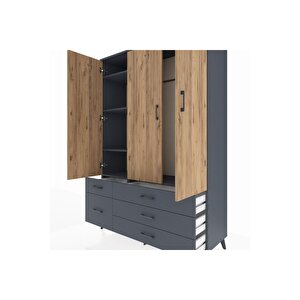 Hyperion Dolap 5 Raflı 5 Çekmeceli Tek Askılı 132x44x195 Antrasit-çam/antrasit