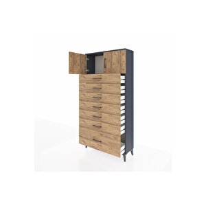 Arges Dolap Tek Raflı 7 Çekmeceli 2 Kapaklı 88x30x182 Antrasit-çam