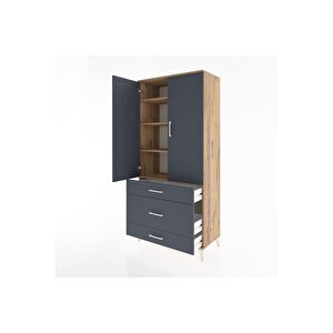 Hyperion Dolap 4 Raflı 3 Çekmeceli 2 Kapaklı 88x44x195 Çam-antrasit