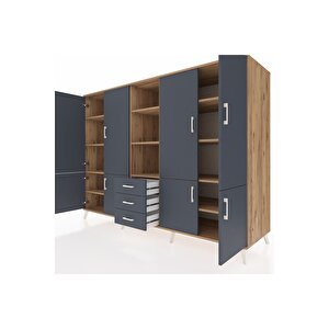 Kronos Dolap 11 Raflı 3 Çekmeceli 8 Kapaklı 220x59x163 Çam-antrasit