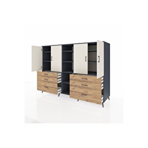 Kronos Dolap 10 Raflı 6 Çekmeceli 4 Kapaklı 220x59x163 Antrasit-aytaşı/çam