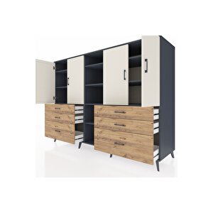 Kronos Dolap 10 Raflı 6 Çekmeceli 4 Kapaklı 220x59x163 Antrasit-aytaşı/çam