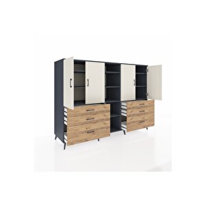 Kronos Dolap 10 Raflı 6 Çekmeceli 4 Kapaklı 220x59x163 Antrasit-aytaşı/çam