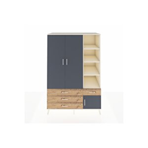 Kronos Dolap 5 Raflı 4 Çekmeceli Tek Askılı 132x59x195 Aytaşı-antrasit/çam