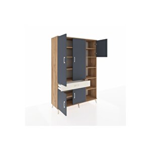 Hyperion Dolap 10 Raflı Tek Çekmeceli 5 Kapaklı 132x44x195 Çam-antrasit/aytaşı
