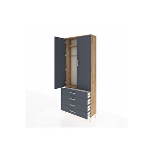 Arges Dolap 2 Raflı 4 Çekmeceli Tek Askılı 88x30x221 Çam-antrasit