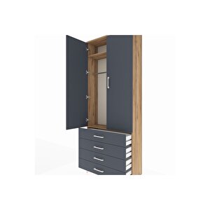 Arges Dolap 2 Raflı 4 Çekmeceli Tek Askılı 88x30x221 Çam-antrasit